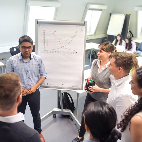 Foto: Eine Gruppe von Personen steht um ein Flipchart, das Diagramme zeigt. Eine Person präsentiert, während andere zuhören. Im Hintergrund sitzen weitere Personen an Tischen.