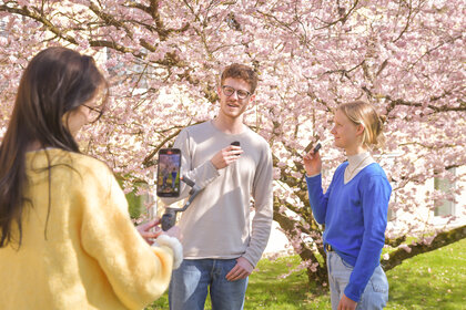 Foto: Drei Personen stehen unter einem blühenden Baum. Eine Person hält ein Smartphone auf einem Stativ, während die anderen zwei Mikrofone halten. Der Baum ist mit rosa Blüten bedeckt.
